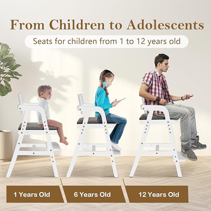 Solid Wood High Chair for Toddlers to Teens, Adjustable Height Toddler Dining Chair, Easy to Clean Toddler Highchair with Removable PU Cushion for Dining, Studying, Step Tool, White