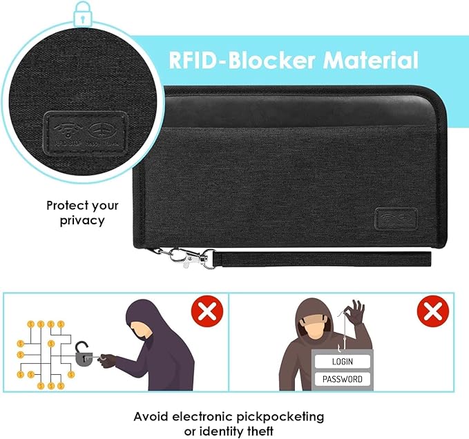 Real Leather Wallet RFID Family Passport Holder Waterproof Travel Essentials (All Black)