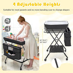 Costzon Baby Changing Table, Adjustable Height Portable Diaper Station w/Lockable Wheels, Safety Belt, Large Storage Rack & Bag, Folding Nursery Station for Infant Newborn (Black)