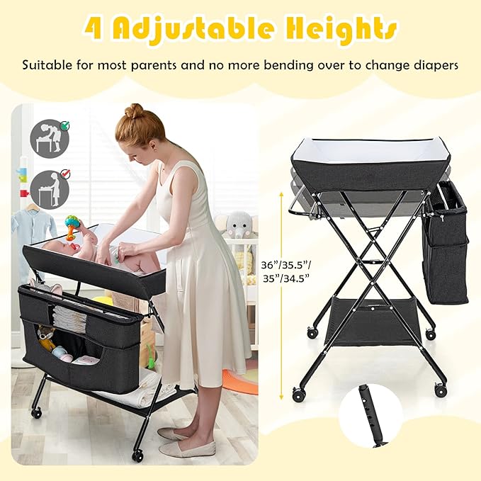 Costzon Baby Changing Table, Adjustable Height Portable Diaper Station w/Lockable Wheels, Safety Belt, Large Storage Rack & Bag, Folding Nursery Station for Infant Newborn (Black)