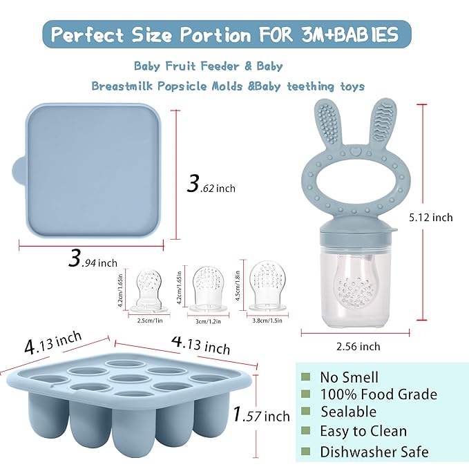 WAJIAYON Baby Breastmilk Popsicle Molds & Baby Fruit Feeder (2 Pack), Baby Food Freezer Tray Storage Containers, Silicone Teething Pacifier Feeder and Teether for Babies,Baby Feeder - Blue