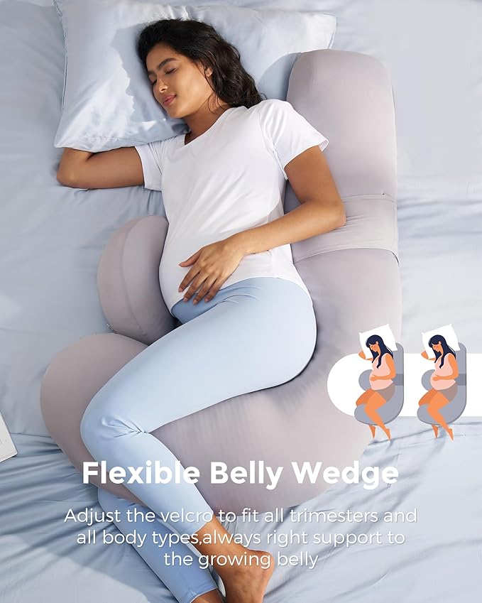 Momcozy Cooling Pregnancy Pillow,Original F Shaped Maternity Pillow for Pregnant Women with Adjustable Wedge Pillow, Full Body Support Pregnancy Pillows for Side Sleeping with Velvet Cover, Light Grey