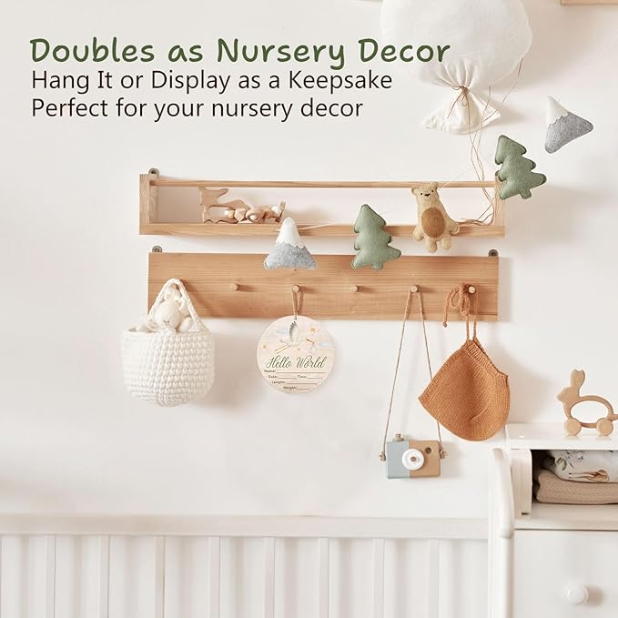 Hello World Baby Announcement Sign, Stork Newborn Sign, 6.7 Inch Round Wooden Name Sign for hospital, With Ink Pad for Hand and Footprints, Marker Pen, Baby Photo Prop & Keepsake