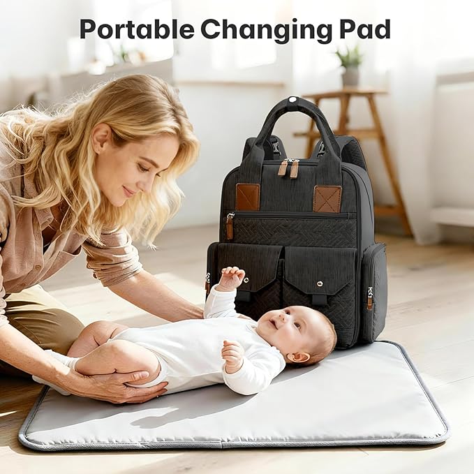 Diaper Bag Backpack - Large Diaper Bag with Portable Changing Pad as Baby Shower Gifts, Lightweight Waterproof Unisex Travel Baby Bag with 4 Insulated Pockets and Stroller Buckles, Black