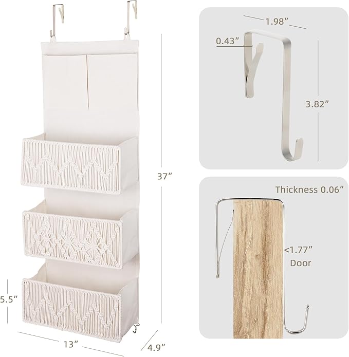 ANTIS'S HOME Over The Door Organizer Boho Bedroom Decor Nursery Storage with 3 Large Woven Pockets, Macrame Nursery Organizers and Toys Storage, Behind Door for Bathroom, Beige Back of Door Organizer