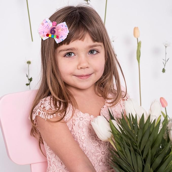 Birthday Hair Bow for Baby Girls 1 2 3 4 5 6 Year Old Sprinkle Hair Clips Happy Birthday Decorations for Girls Toddlers With Pom-Poms Ice Cream Candy Party Pink Hair Accessories for 6th Sweet Party