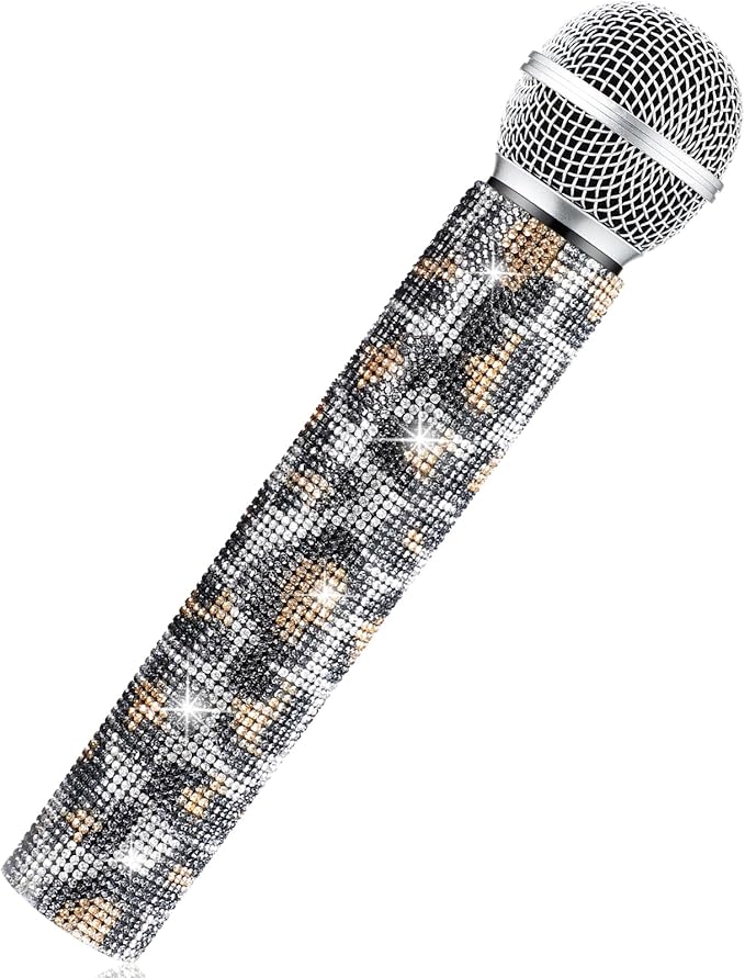 Sanwuta Fake Microphone Prop Sparkly Bling Rhinestones Plastic Play Microphone Pretend Glitter Bedazzled Mic for Cosplay Party Costume(Leopard)