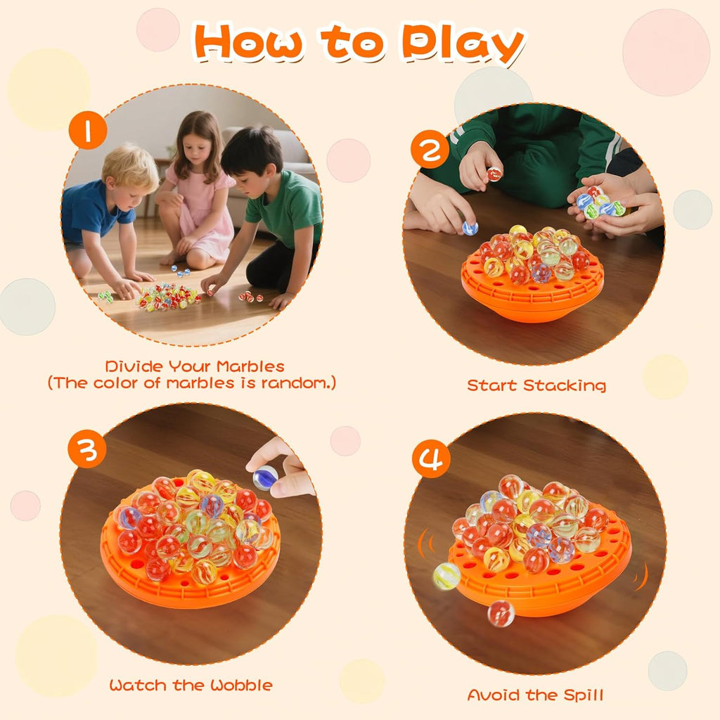 Marble Balance Game - 50 Colorful Marbles with Built-in Storage, Fun Family Challenge for 1-4 Players, Educational Toy for Kids & Adults, Perfect for Parties, Travel & Birthday Gifts (Sunset Orange)