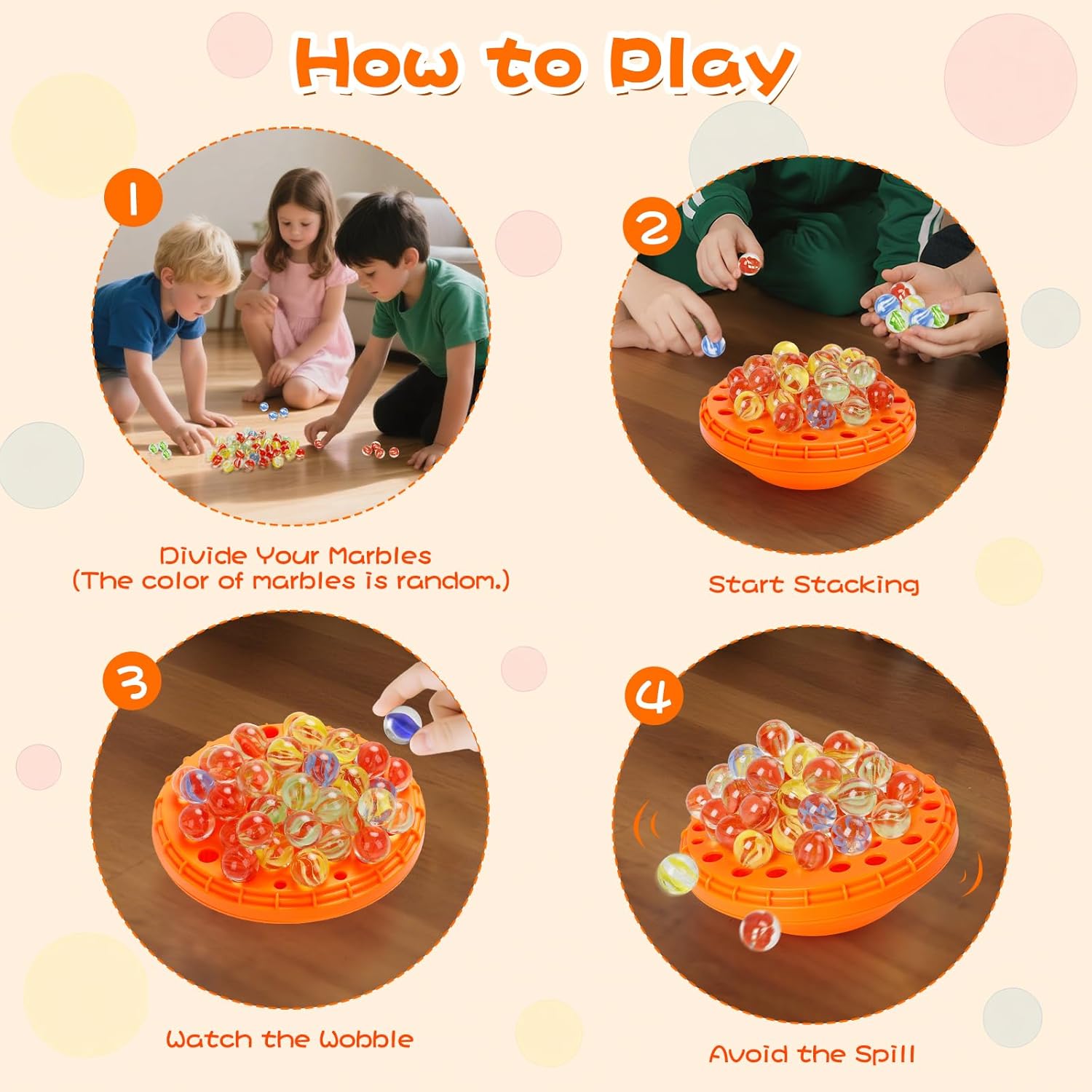 Marble Balance Game - 50 Colorful Marbles with Built-in Storage, Fun Family Challenge for 1-4 Players, Educational Toy for Kids & Adults, Perfect for Parties, Travel & Birthday Gifts (Sunset Orange)