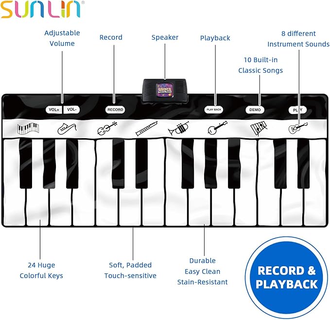 SUNLIN 6ft. Piano Mat, Floor Keyboard Playmat: 24 Keys, 10 Demos, 8 Instrument Sounds, Record & Playback, Giant Interactive Musical Toys Gifts for Boys & Girls Age 3 4 5 6 7 8 9 Years Old