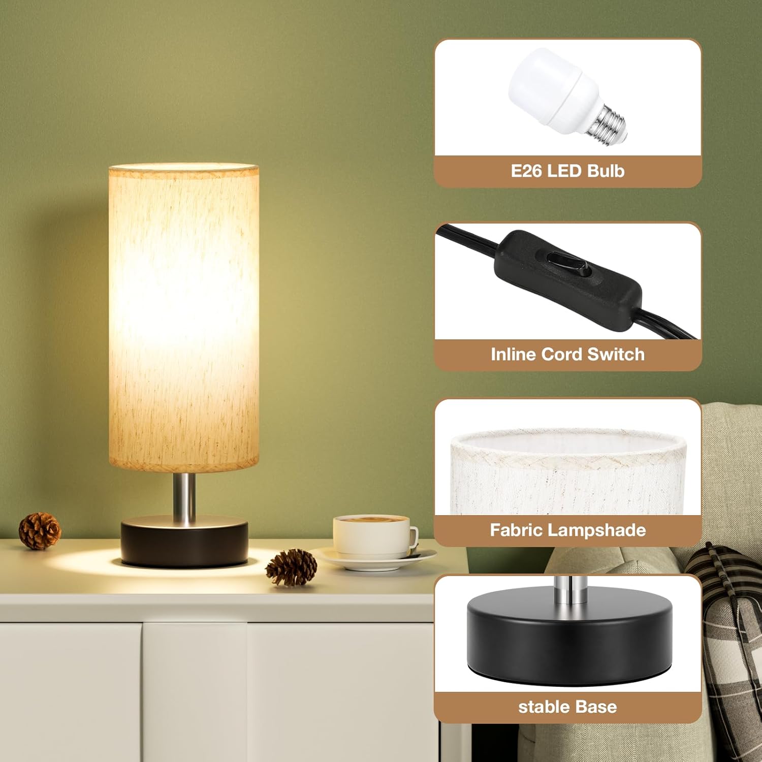 Small Table Lamp with LED Bulb - 3 Color Temperatures for Bedroom, Nightstand, Minimalist Night Stands, Desk, Kids, Living Room, Office, Dorm