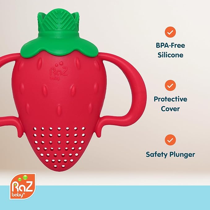 RaZbaby Fruitique Fruit Feeder One-Piece Baby – Larger Opening for Refilling & Fits More Fresh/Frozen Fruit for Teething Relief, Easy to Hold, Safer Design, BPA-Free, Dishwasher Safe - Strawberry