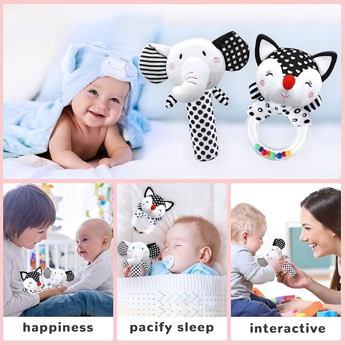 Baby Rattles & Toys - 0-3 Months, High Contrast Black & White Plush Stuffed Toys for Infants