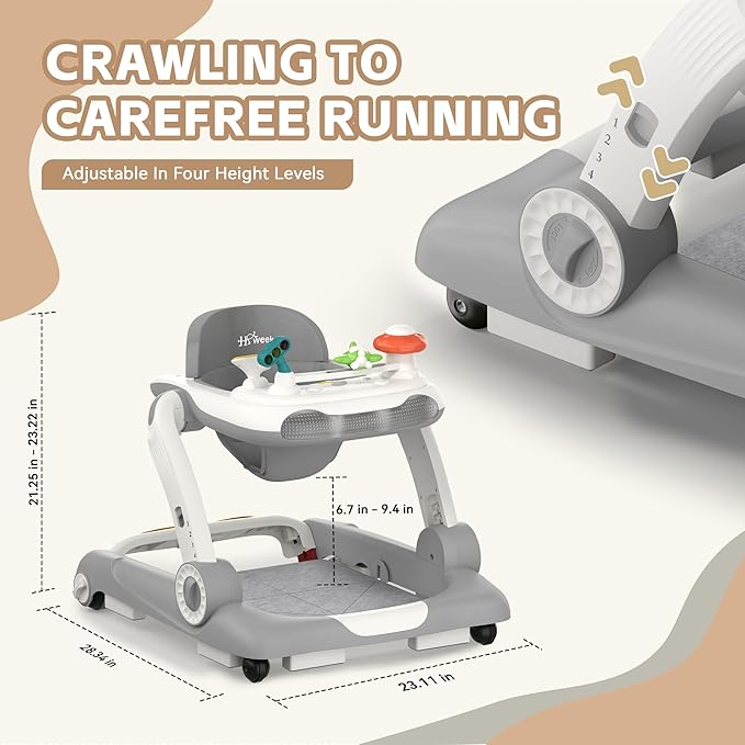 Baby Walker with Wheels, 5 in 1 Walker for Baby Boy Girl with Bouncer, Music and Lights Baby Jumper Activity Center, Adjustable Height, Push Walker for Ages 7-18 Months Toddler (Gray)