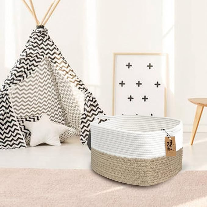 COMFY-HOMI Cotton Rope Woven Basket with Handles for Shelves,Toys,Book, Cloth Storage Baskets Bin for Organizing-13.5"x11"x9.5" Toy Decorative Organizer for Living Room, Bathroom-Light Brown