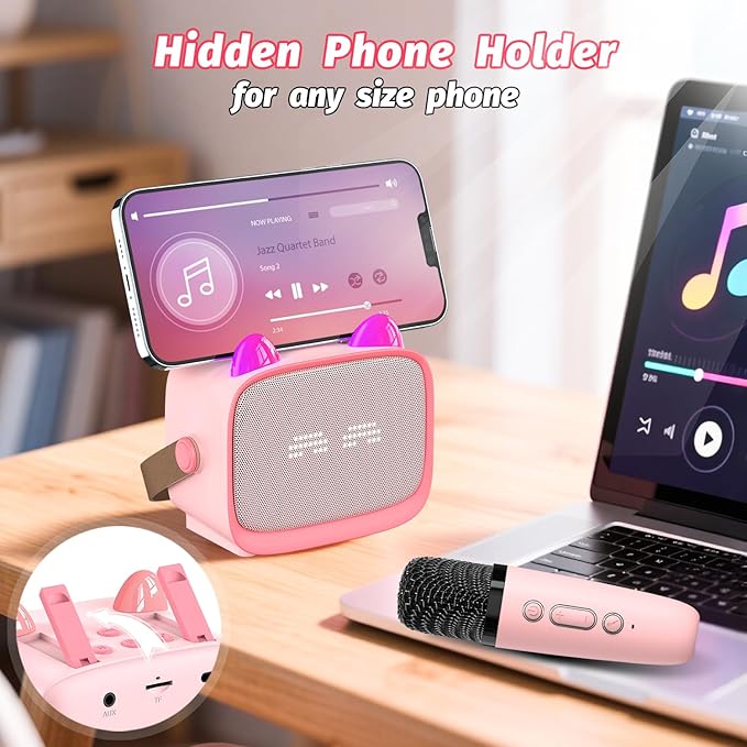 Mini Karaoke Machine Toys Gifts,Kids Portable MP3 Player with 2 Wireless Microphone and LED,Christmas Birthday Gifts for Girls Boys 3 4 5 6 7 8+ Year Old (Pink)