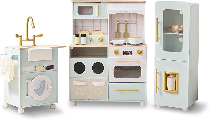 Teamson Kids Little Chef Savannah Wooden Montessori Pretend Play Kitchen for Toddlers Kids Ages 3+ Modular Three-Piece Set with Sink Cart Stove & Fridge for Boys and Girls Playset, Green