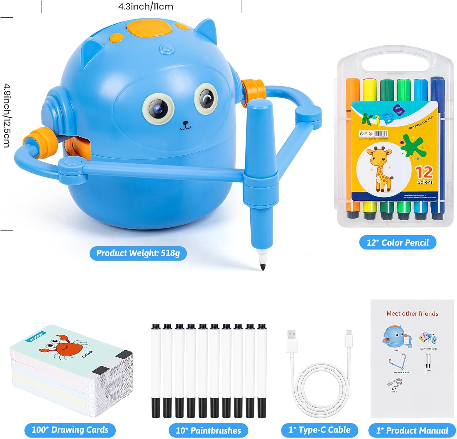 Drawing Robot for Kids, Interactive Educational Drawing Robot, Magic Painting Robot Toy with 100 Word Cards & 16 Color Pens for Girls and Boys Age 3+ (Blue)