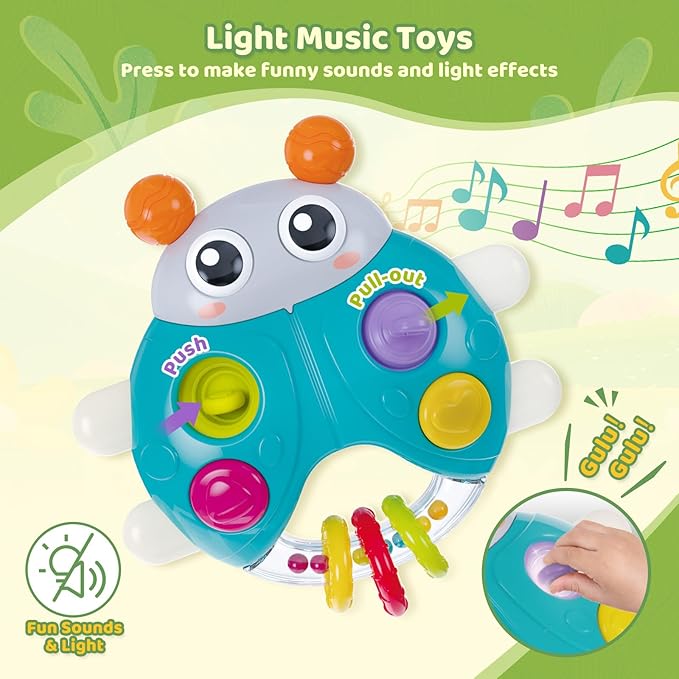 Ladybug Baby Light Up Toys with Rattle Led Light Music, Interactive Educational Fine Motor Development Toy for 3-6-12-18-24 Months Baby Toddler