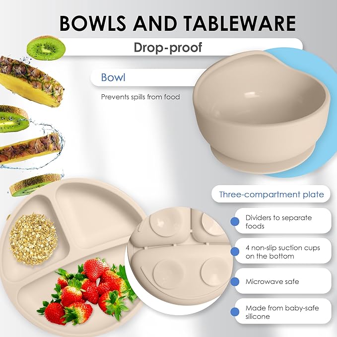 Bluet B- Silicone Baby Feeding Set with Pacifier - Baby Led Weaning Supplies - Baby Spoons, Suction Bowl - Plate - Baby Utensils Set - Silicone Feeding Set for Baby First Foods - 11pcs - Beige