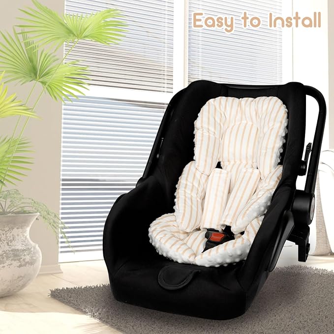 Infant Car Seat Insert, Car Seat Head Support Baby Girls Boys, Soft & Reversible Newborn Carseat Insert Cushion with 2 Strap Covers, for Stroller, Swing, Bouncer (Brown Line)