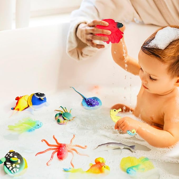 10 Pcs Fish Animal Figure Bath Toys, Sea Animal Color Changing Toys, Sea Creatures for Kids 3 Years and up, for Themed Parties, Cake Topper, Kids Easter Basket