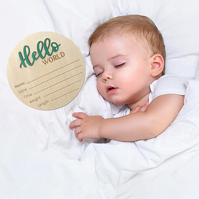 Baby Announcement Sign, 5.9 Inch Wooden Hello World Newborn Sign, Birth Announcement, Baby Shower Hospital Nursery for Newborn Boys and Girls (Green)