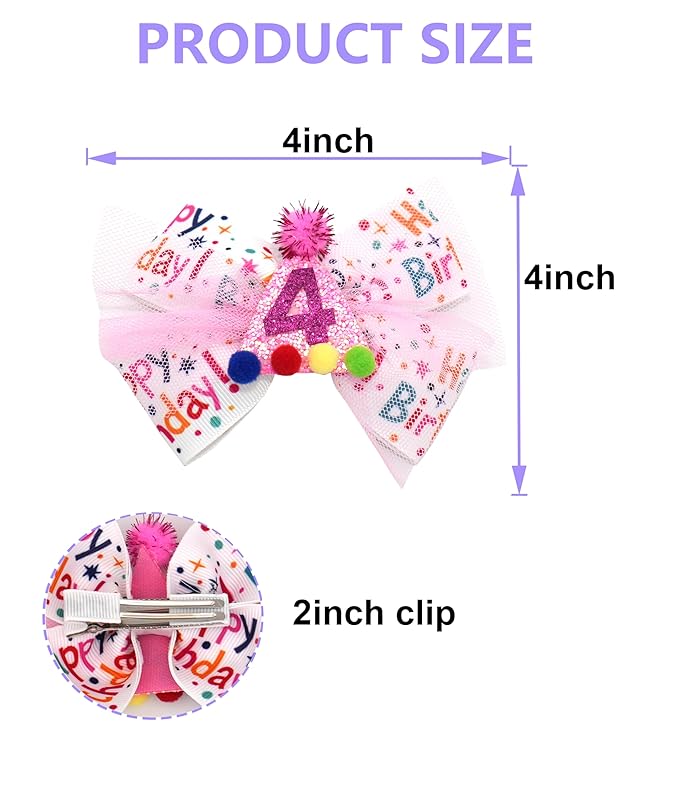 Birthday Hair Bow for Baby Girls 1 2 3 4 5 6 Years Sprinkle Decorations Party Hair Accessories for Four 4th Birthday Confetti Ice Cream