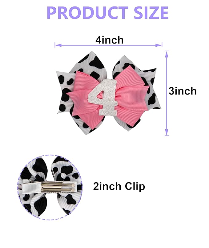 Birthday Hair Bow for Baby Girls 1 2 3 4 5 6 Years Sprinkle Decorations Party Hair Accessories for Four 4th Birthday Cow Print Cowgirl
