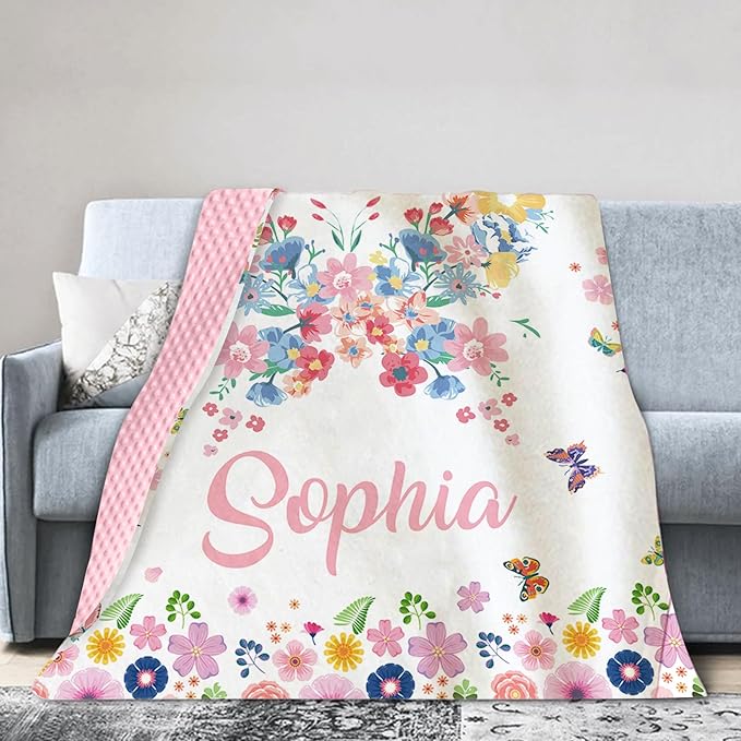 Personalized Baby Blankets for Girls, Custom Name Pink Butterfly Pattern Baby Blanket, Soft Minky Dot Blanket for Newborns and Toddlers, Ideal for Baby Showers Christmas Brithday Gifts