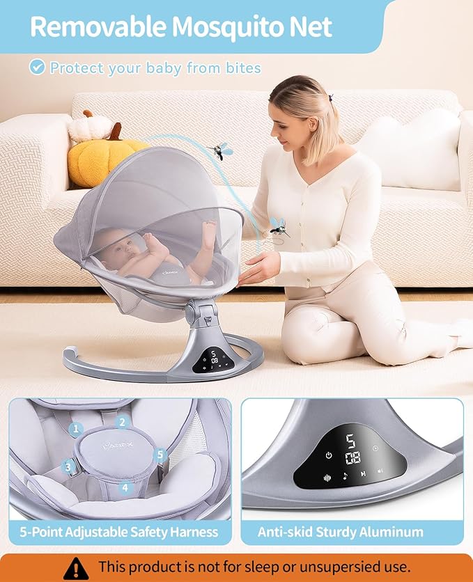 LAREX Baby Swing to Toddler Electric Infant Swing Portable for Newborn Boy Girl, 5 Sway Speeds with Remote Control, 12 Preset Melodies and Bluetooth, 0-6 Months Max 20 Lbs (2024 Model-Sliver)