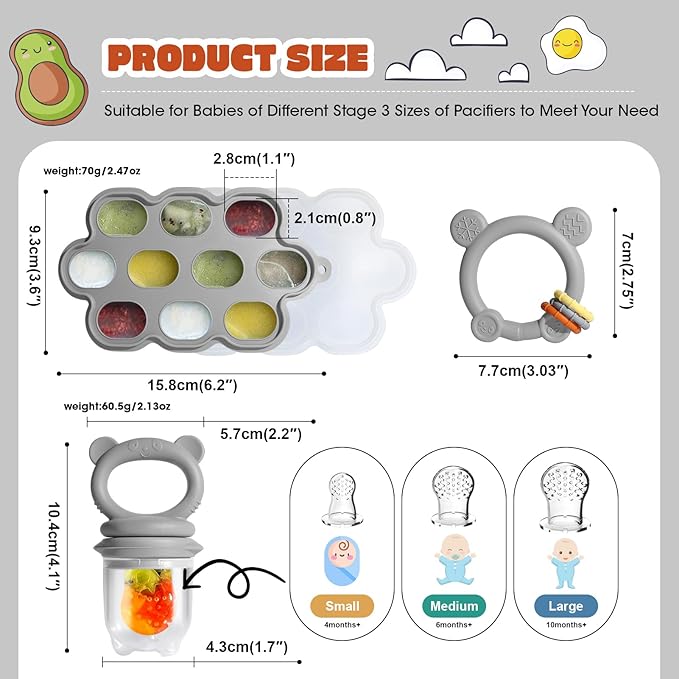 Baby Fruit Food Feeder & Breastmilk Popsicle Molds for Teething Relief, Baby Feeding Sets, 1 Freezer Tray with Lid & 1 Teether Toy & 1 Silicone Teething Pacifier Feeder, Extra Food Pouches (Grey)
