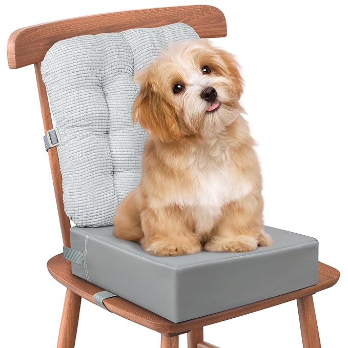 Booster Seat for Kitchen Chair with Comfy Backrest Pillow and Adjustable Safety Buckles,Non-Slip Kid Toddler Booster Seat for Dining Table, PU Travel Baby Booster Cushion Chair