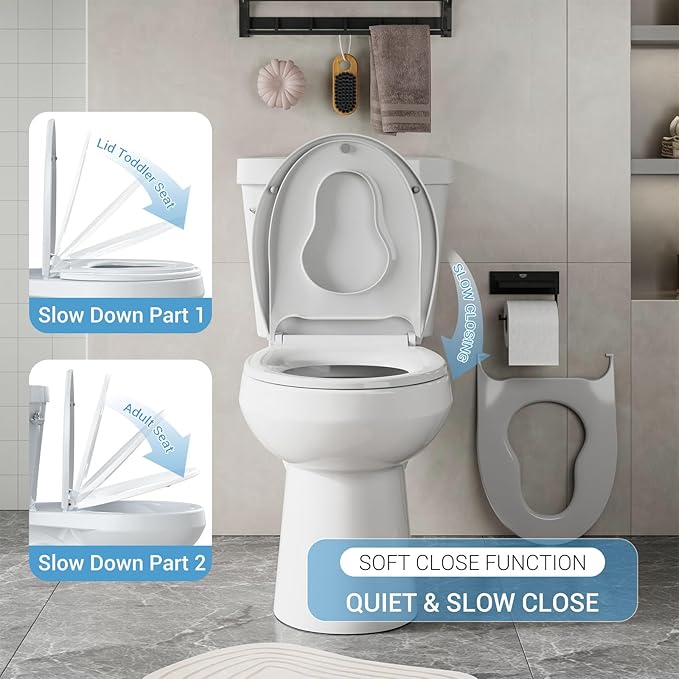 Round Toilet Seat with Toddler Seat – PP Locking Hinge Potty Training Toilet Seat Cover for Kids & Adults, White Detachable Child Toilet Seat for Family Bathroom