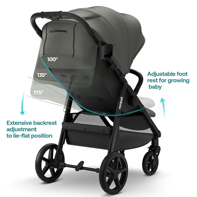 Mompush Nova Baby Stroller for Toddler, Infant & Newborn | Spacious Seat & Lie-Flat Mode | Compact One-Hand Fold, UPF 50+ Canopy & All-Wheel Suspension | Includes Rain Cover & Cup Holder, Green