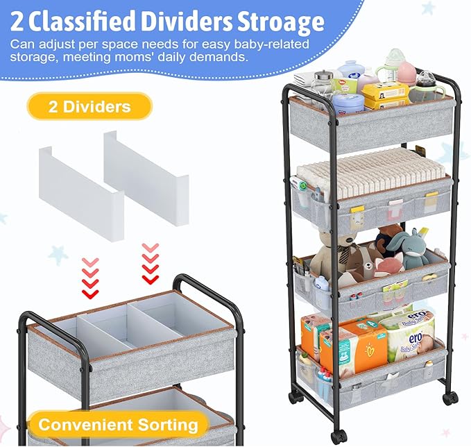 4-Tier Baby Diaper Caddy Cart Organizer,Mobile Nursery Baby Dresser Clothes Organizer with Wheels,with 2 Dividers & 21 Mesh Pockets，Metal Utility Cart for Nursery,Bedroom,Bathroom