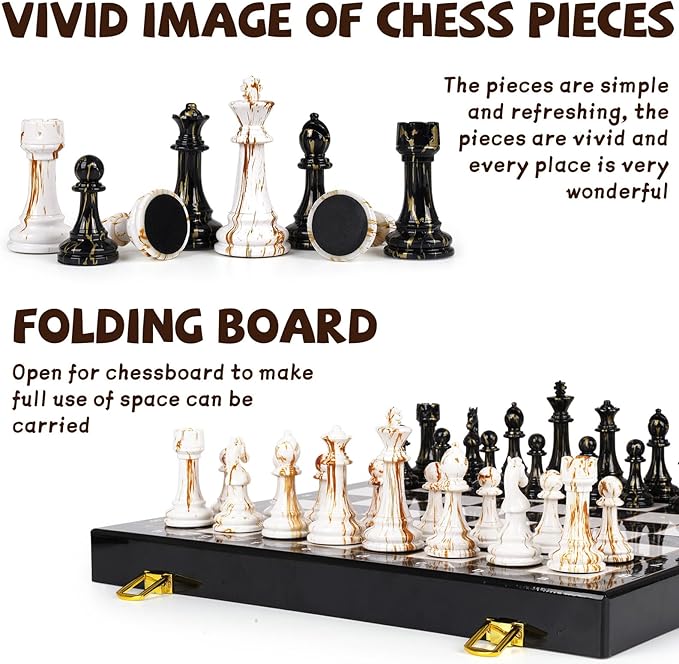 15" Large Chess Set for Adults with Weighted Acrylic Chess Pieces 3.5" King & Portable Folding Marbling Wooden Chess Board Travel Chess Sets Family Board Game Gift – Elegant Classic Chess Game