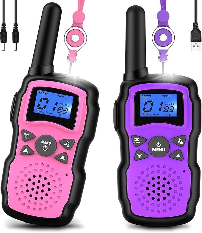 Wishouse Walkie Talkies for Kids Rechargeable with USB Charger 6000mAh Battery,Outdoor Camping Games with Flashlight Lanyard,Toys for Girls,Halloween Xmas Birthday Gift for Children 2 Pack Pink Purple
