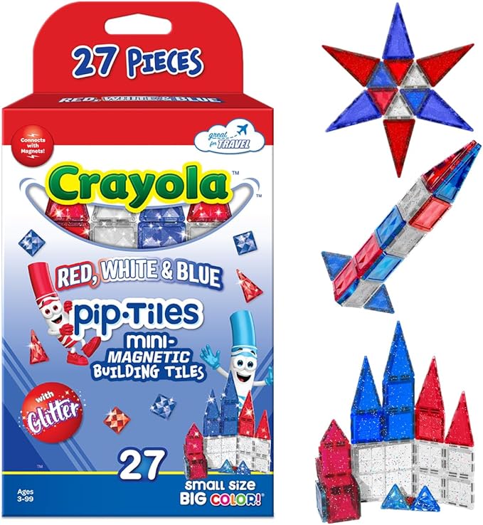 CreateOn Crayola Red, White & Blue Glitter PIP Magnetic Tiles, Magnetic Kids’ Building Toys, Classroom Sensory Blocks, STEM Learning Travel Toys for Boys and Girls, 27-Piece Set