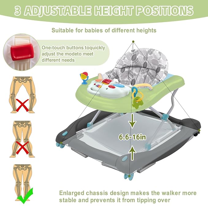 5 in 1 Foldable Baby Walker, Activity Baby Walker-Baby Bouncer, Rocker, Activity Center,Seat and Push Walker,Detachable Trampoline Mat, Adjustable Speed Rear Wheels and Height,Ages 6-18 Months(Green)