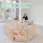 Foldable Wooden Playpen,Large Baby Gate Playpen with Child-Proof Lock-Easy Assembly, Portable Design for Babies & Toddlers- Shape& Size Adjustable Baby Fence Play Area(Wood, 6 Panel)