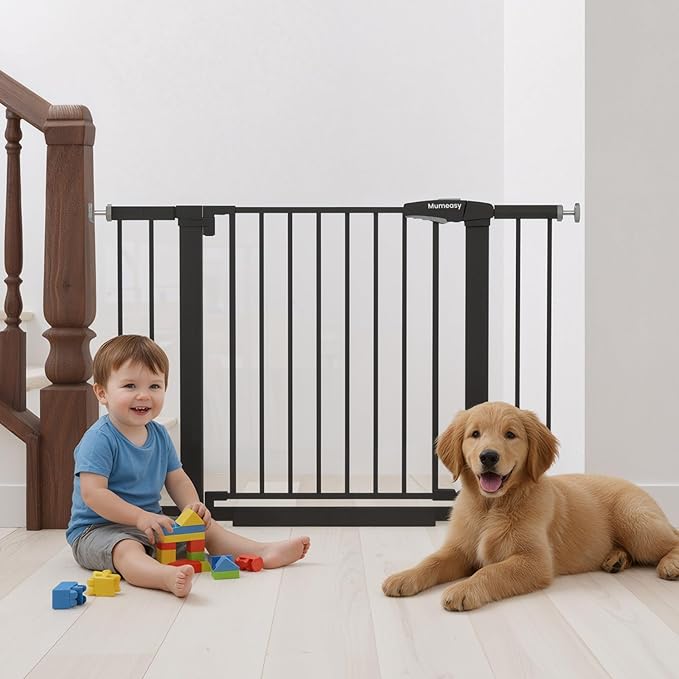 Baby Gate for Stairs, 29.7-43" Auto Close Dog Gate for Doorways & Hallways, Pressure Mounted Pet Gate with Walk Thru Door, Easy Install Safety Gate for Children & Pets, No Drilling, Dual-Lock Design