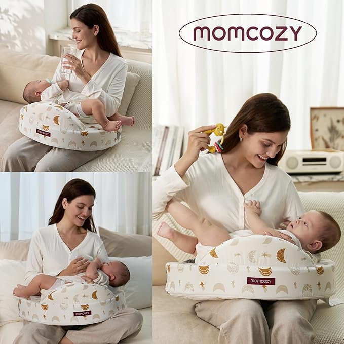 Momcozy Innovative Safety Guard Nursing Pillow - Firm & Springy Memory Foam - Stable, Ergonomic Support & Comfort - Wider Breastfeeding Cushion, Adjustable, Removable Cover, Baby Safety Certified