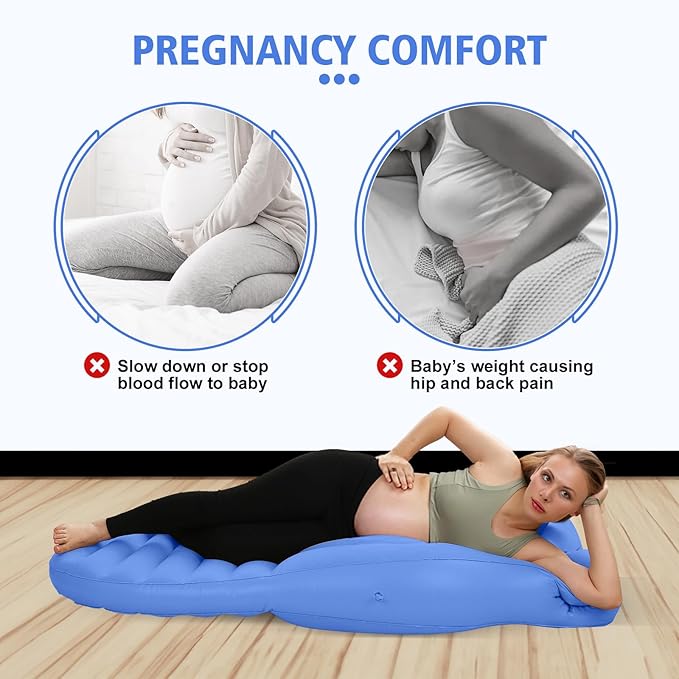 Pregnancy Blow Up Pillow, Belly Mattress for Pregnant Women with Electric Pump, Full Body Maternity Airbed with Hole for Stomach Sleeping, Back Pain & SPD Relief, Blue