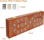 Cribbage Board Game Set 3 Tracks, Plusvivo Solid Oak Wood Cribbage Boards Unique with 9 Metal Pegs & 2 Storage Area, 15.5 X 4.9 X 1.2 in Travel Portable Cribbage Game Sets for Family