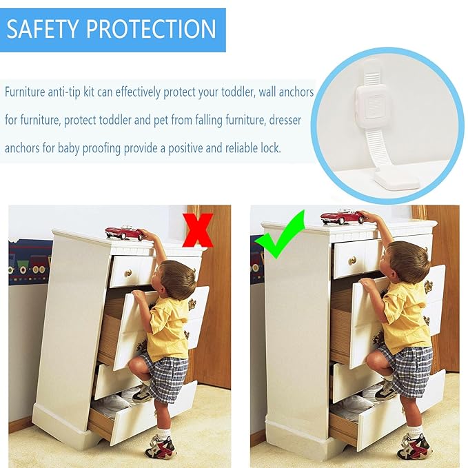 YEYA Upgraded No Drill Furniture Anchors for Baby Proofing, Anti-Tip Adjustable Straps, 4 Pack