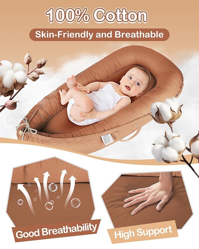 Baby Lounger - Infant Lounger for Newborn 0-24 Months, Pure Cotton Breathable Baby Nest Lounger Cover, Newborn Essentials for Baby Boys & Girls, Co Sleeper Portable Baby Bed for Home and Travel