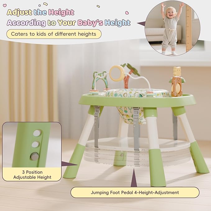 TOLEAD Baby Activity Center, Infant Jumper Activity Center with 5 Toys, Lights & Music, Adjustable Heights, 3-Stage Activity Center & Play Table, Interactive Play Center for Baby Ages 6m+ (Green)
