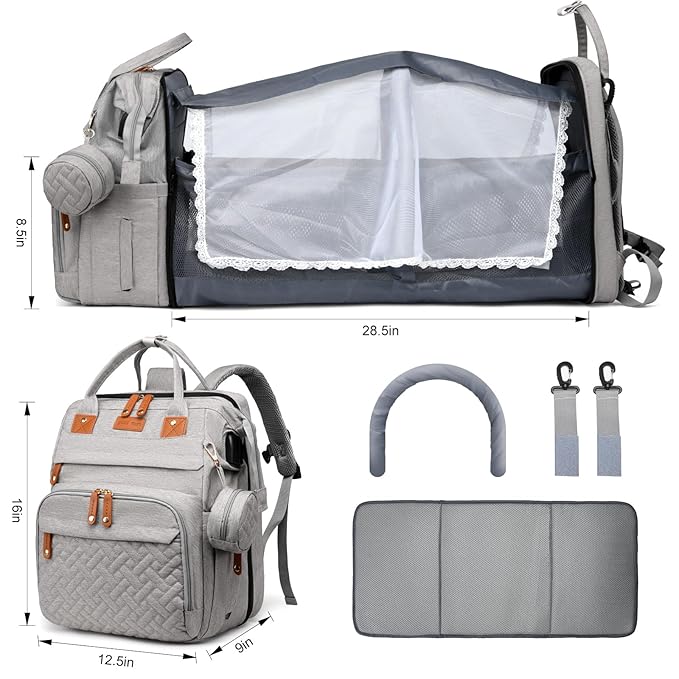 Diaper Bag Backpack with Changing Station, Large Diaper Bag For Boys And Girls, Multifunctional Waterproof Travel Diaper Backpack, Baby Bag with USB Charging Port for Moms Dads, grey