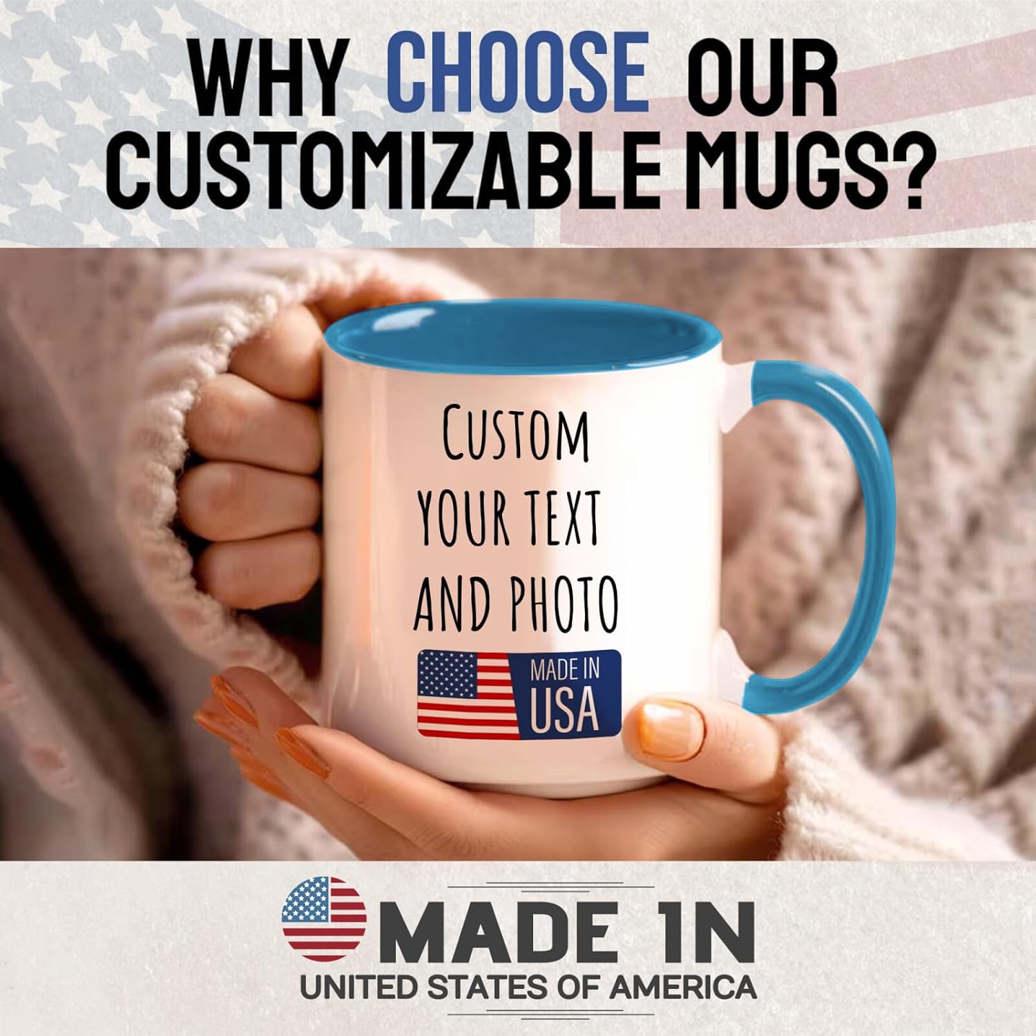 Ship Next Day Custom Mug Design Your Own Photo Text Personalized Picture Gifts for Women Men Customized Gifts Idea Personalized Coffee Mugs 15oz Blue Handle